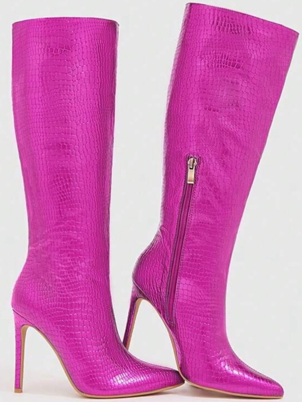 New Pink Fuchsia metallic crocodile print knee high stiletto heel boots zippered